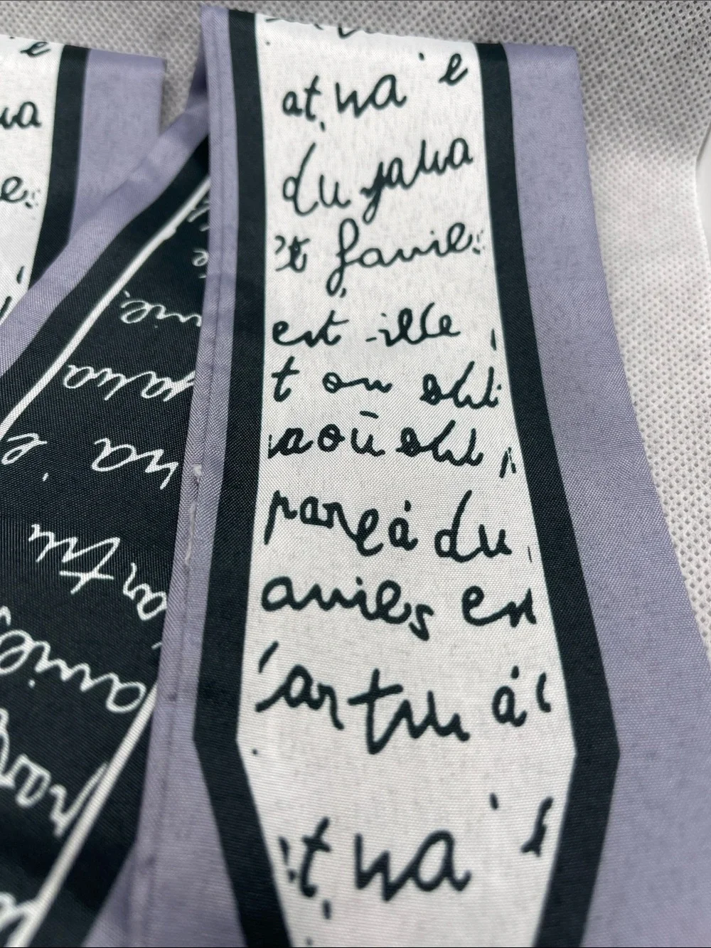 Silk Script Print Skinny Scarf in Lavender and Black